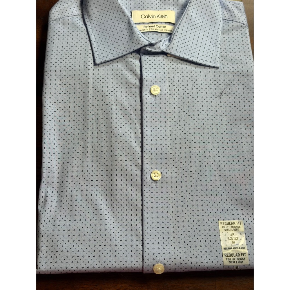 Calvin Klein Mens Regular Fit Wrinkle Free Cotton Dress Shirt Blue 15 32/33